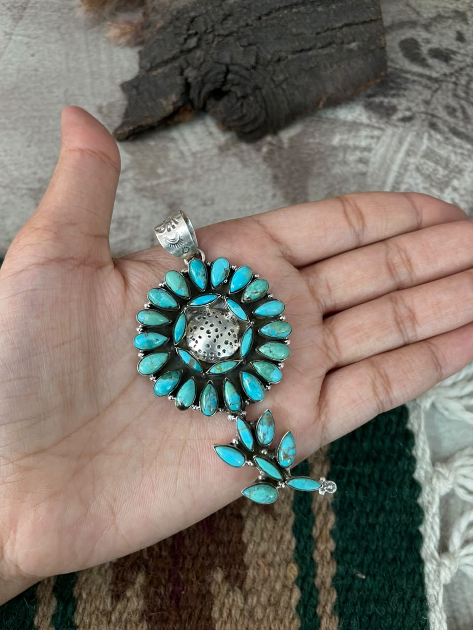 Handmade Sterling Silver Kingman Turquoise Flower Pendant Signed Nizhoni