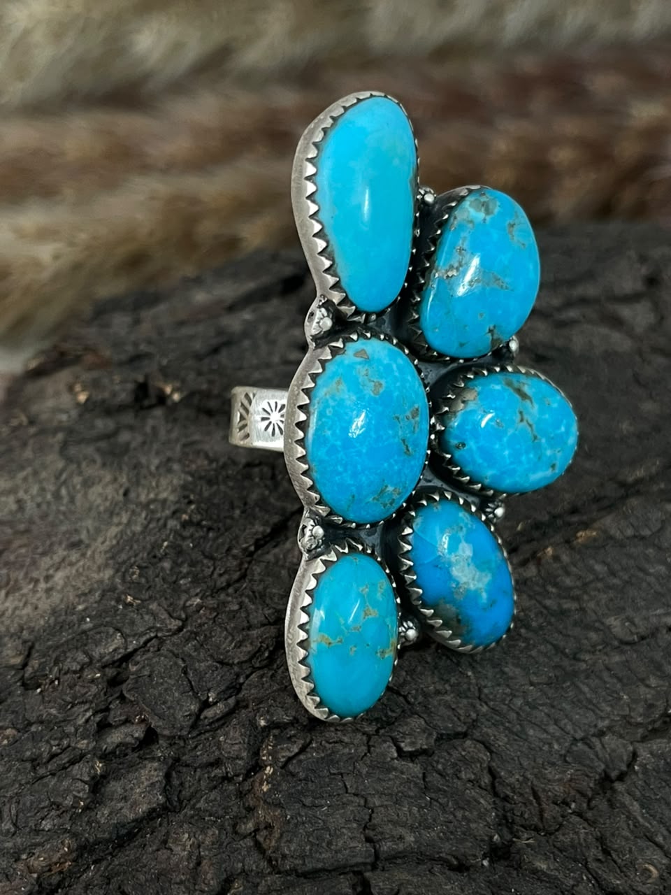 Handmade Sterling Silver Blue Kingman Turquoise Adjustable Ring Signed Nizhoni