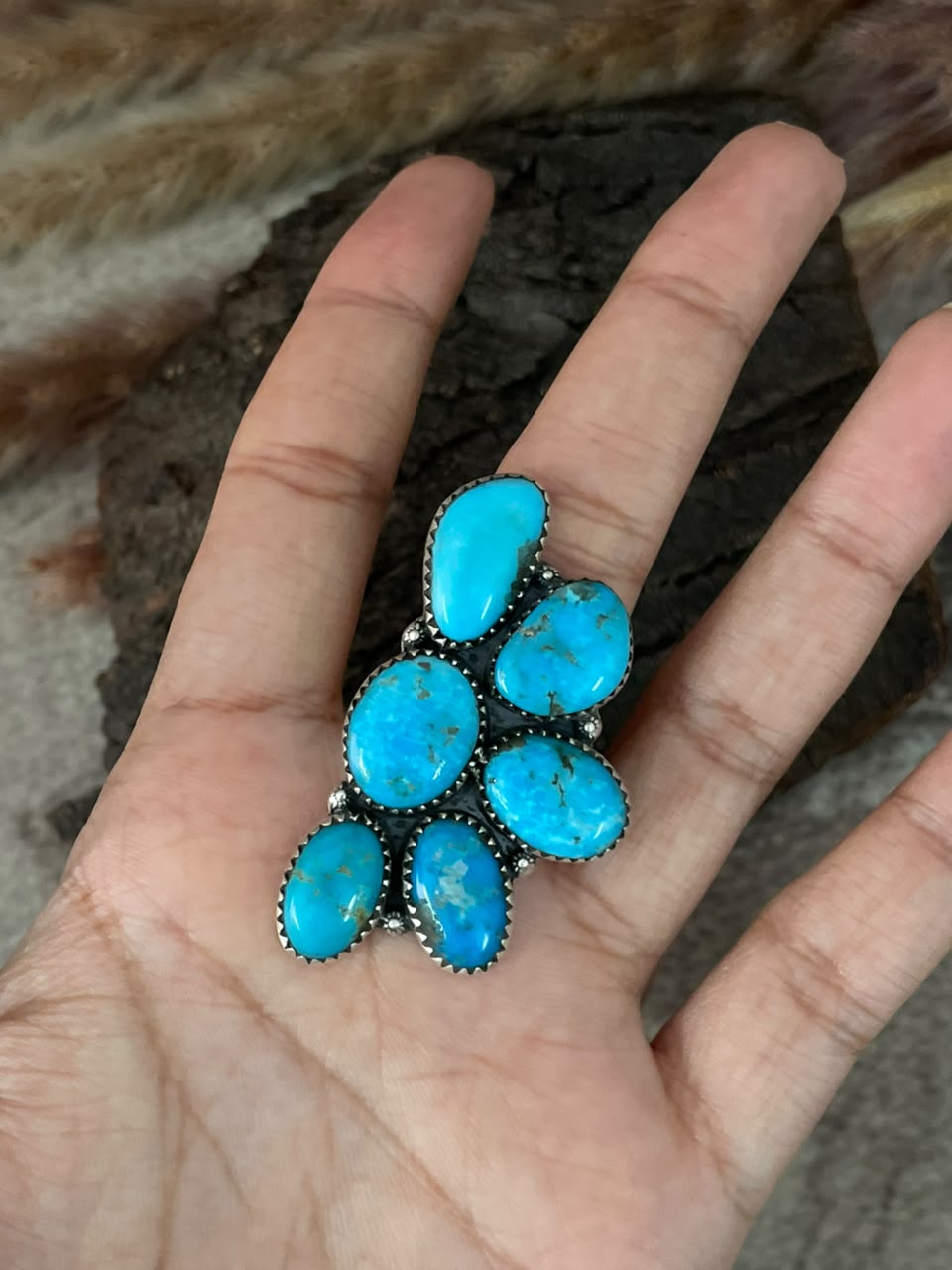 Handmade Sterling Silver Blue Kingman Turquoise Adjustable Ring Signed Nizhoni