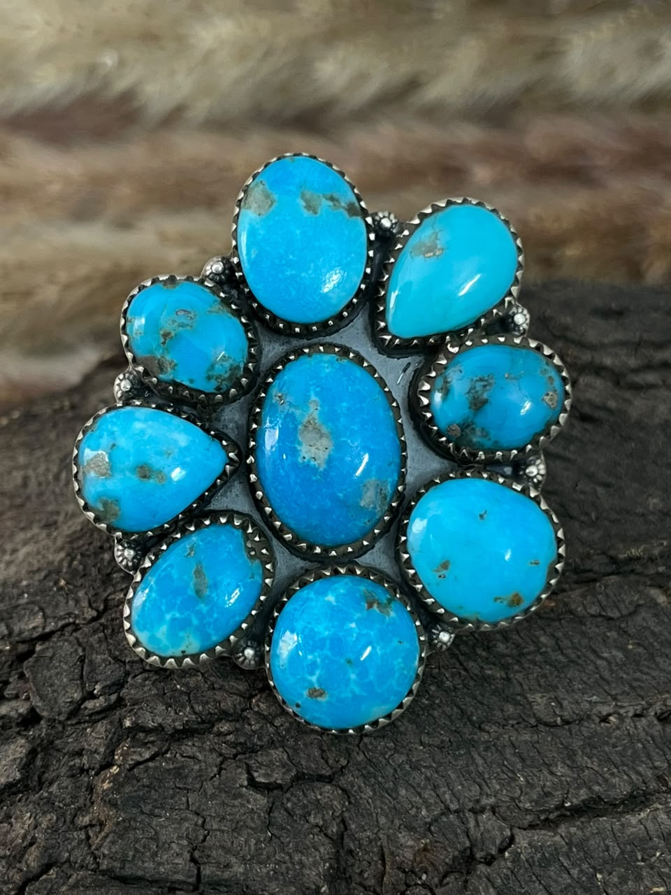 Handmade Sterling Silver Blue Kingman Turquoise Adjustable Ring Signed Nizhoni