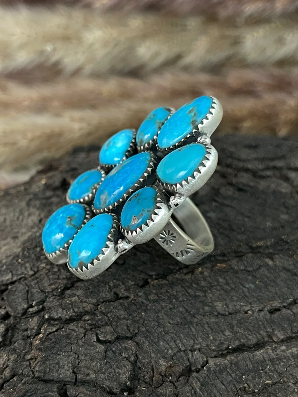 Handmade Sterling Silver Blue Kingman Turquoise Adjustable Ring Signed Nizhoni