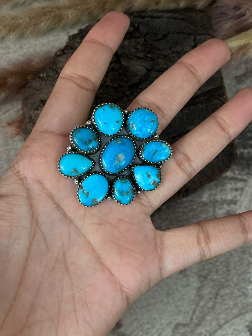 Handmade Sterling Silver Blue Kingman Turquoise Adjustable Ring Signed Nizhoni