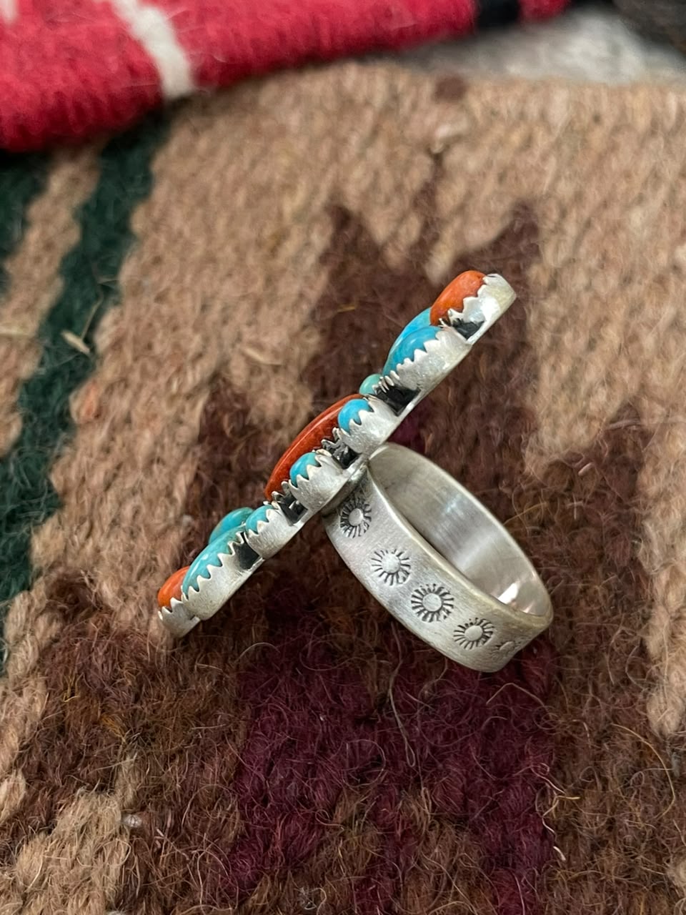 Handmade Sterling Silver Orange Mojave with Kingman Turquoise Adjustable Ring Signed Nizhoni