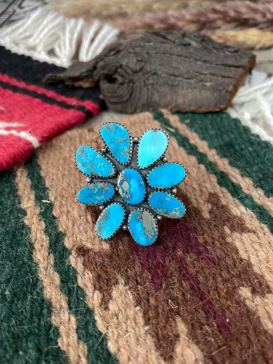 Handmade Sterling Silver Blue Kingman Turquoise Adjustable Ring Signed Nizhoni