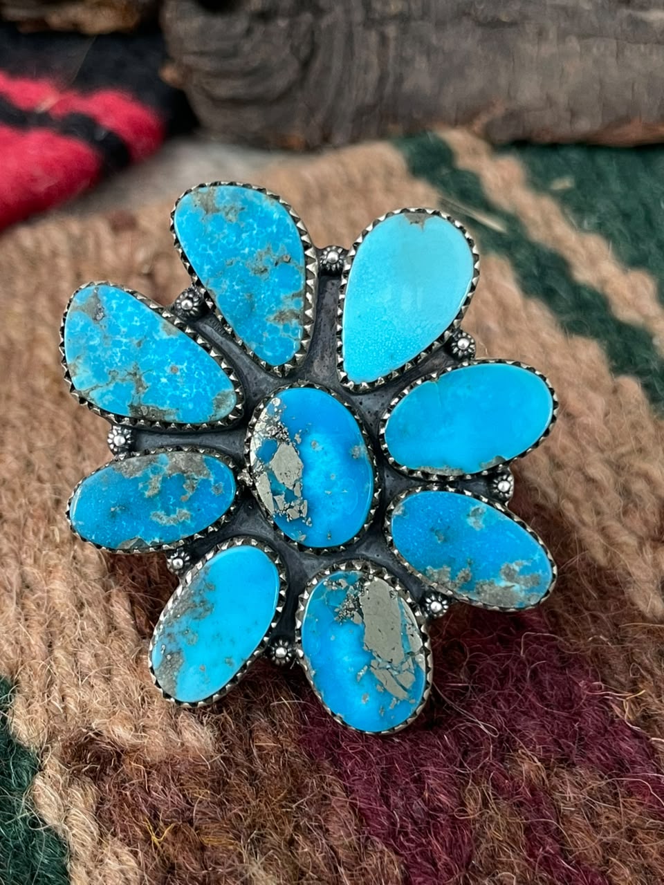 Handmade Sterling Silver Blue Kingman Turquoise Adjustable Ring Signed Nizhoni