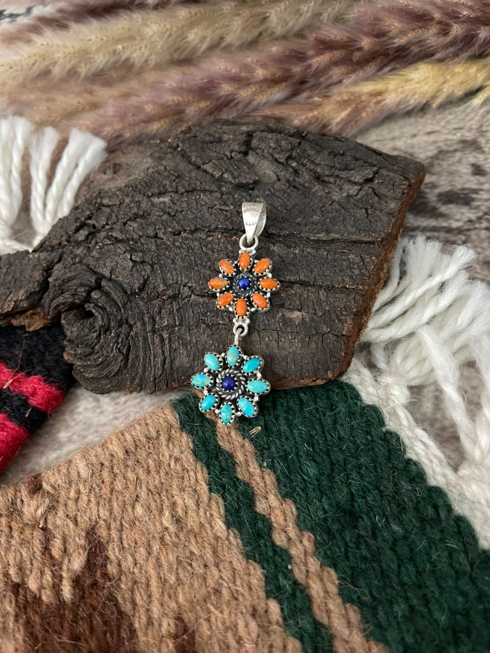 Handmade Sterling Silver Kingman Turquoise with Orange Mojave and Lapis Pendant Signed Nizhoni