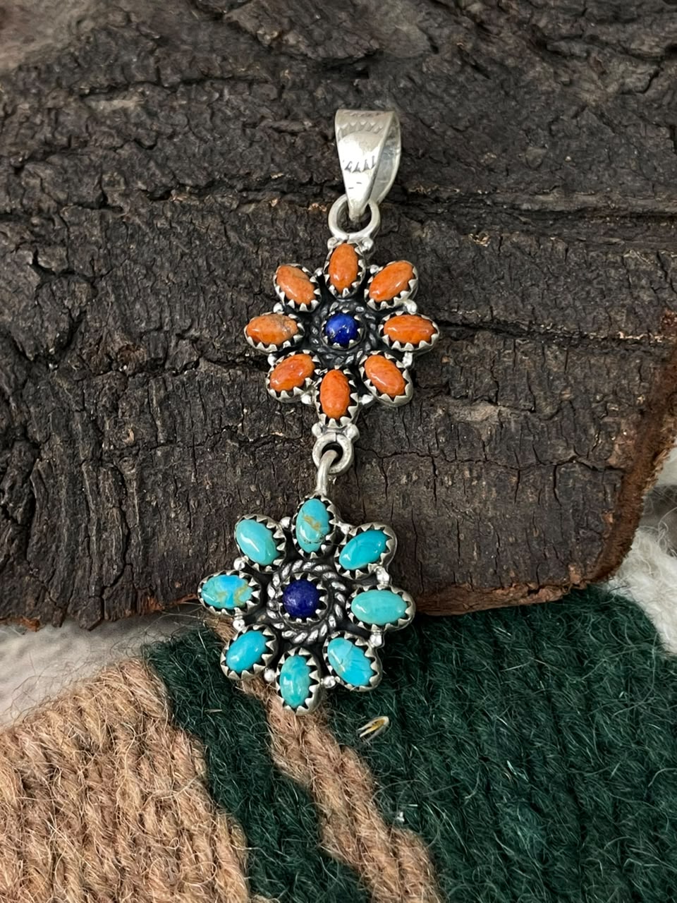Handmade Sterling Silver Kingman Turquoise with Orange Mojave and Lapis Pendant Signed Nizhoni