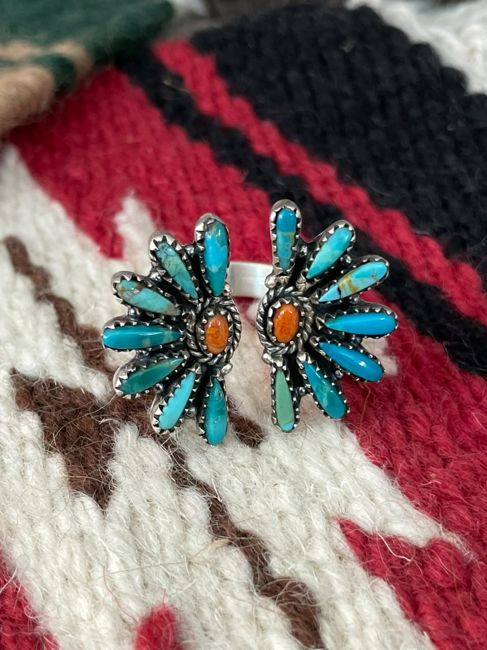 Handmade Sterling Silver Orange Mojave with Kingman Turquoise Adjustable Ring Signed Nizhoni