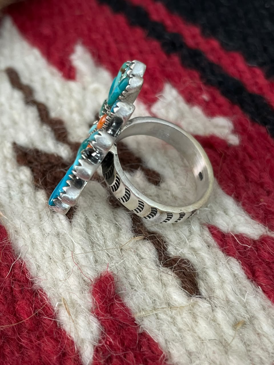 Handmade Sterling Silver Orange Mojave with Kingman Turquoise Adjustable Ring Signed Nizhoni