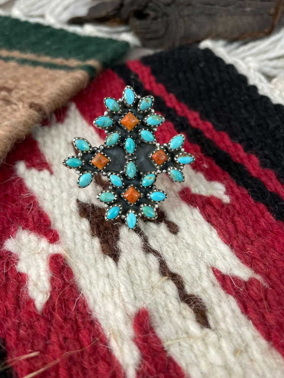 Handmade Sterling Silver Orange Mojave with Kingman Turquoise Adjustable Ring Signed Nizhoni