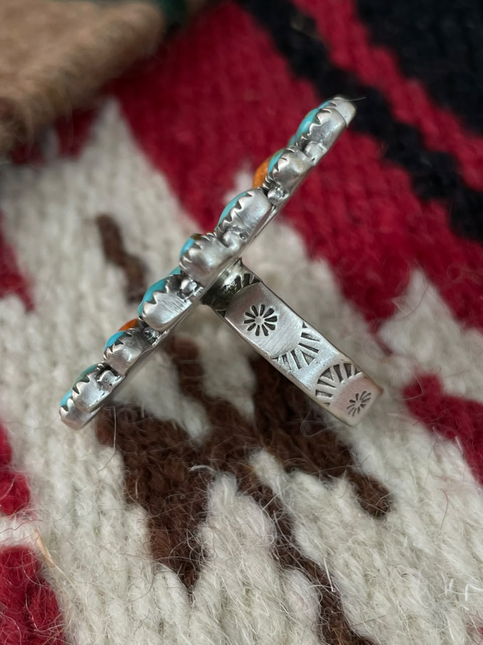 Handmade Sterling Silver Orange Mojave with Kingman Turquoise Adjustable Ring Signed Nizhoni