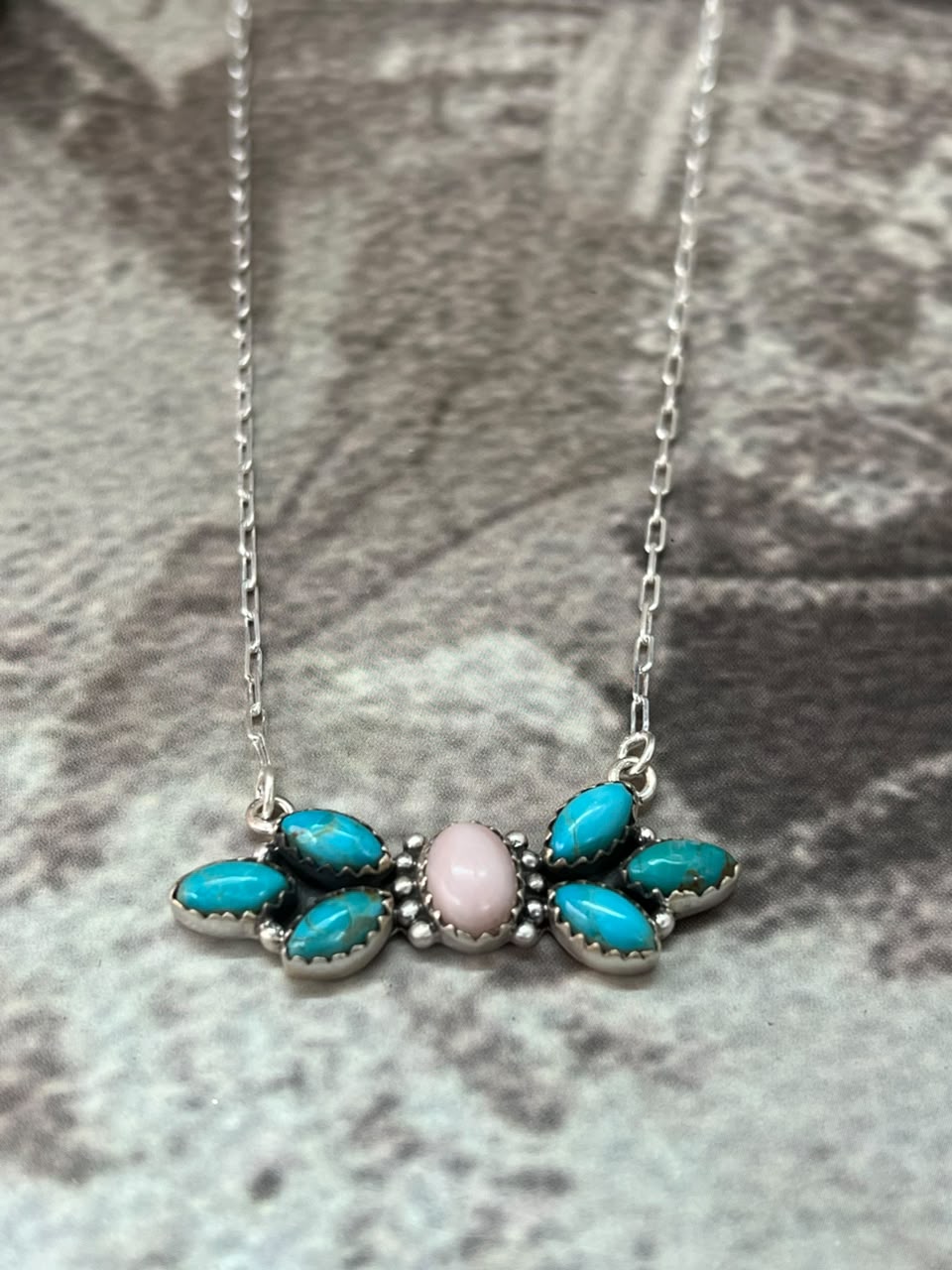 Handmade Sterling Silver Kingman Turquoise with Pink Opal Necklace Signed Nizhoni