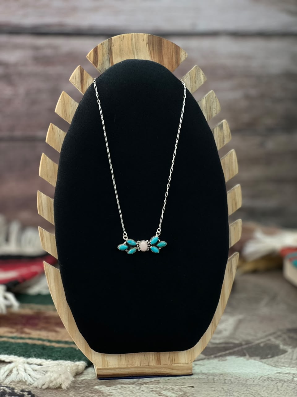 Handmade Sterling Silver Kingman Turquoise with Pink Opal Necklace Signed Nizhoni