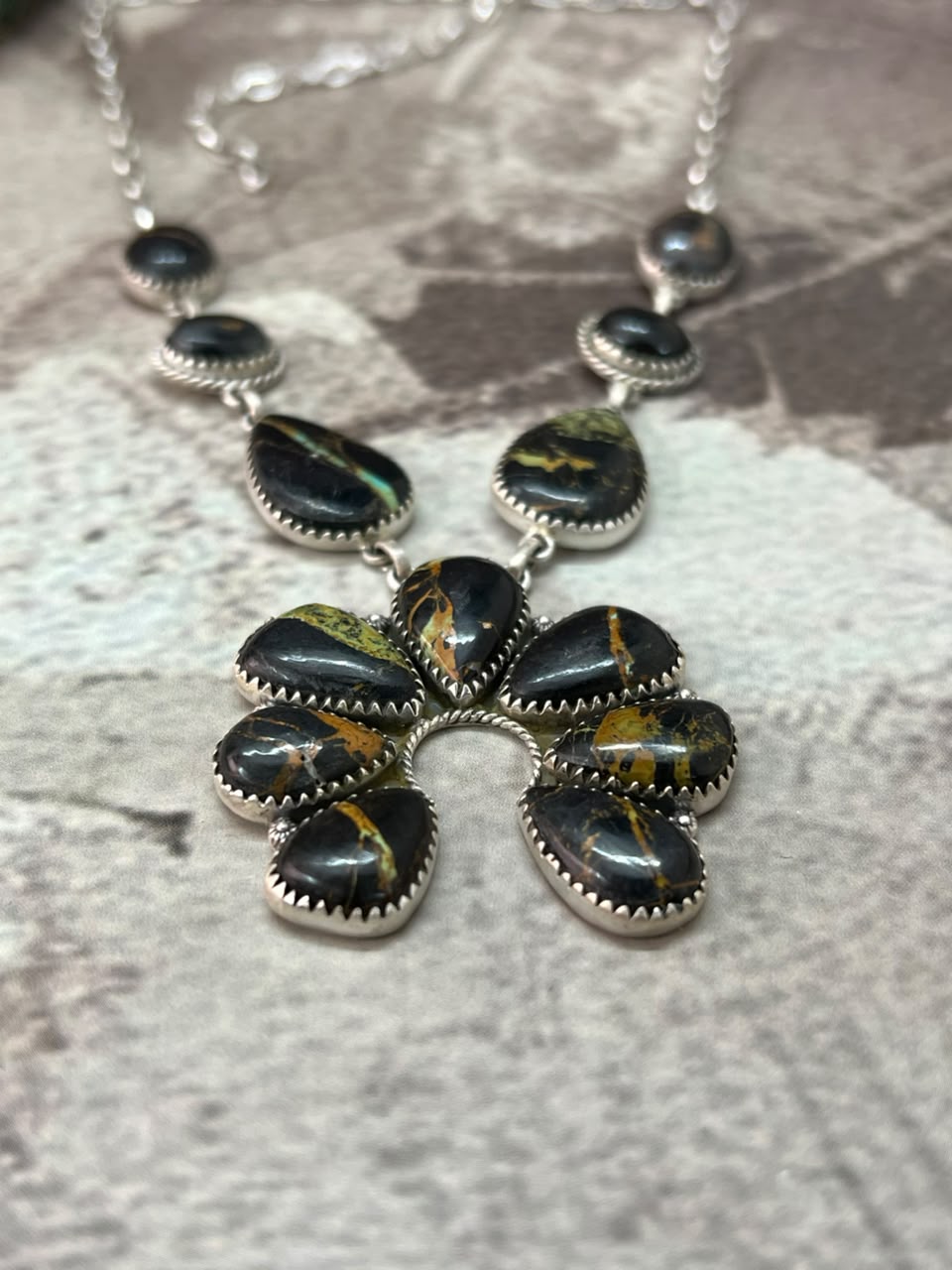 Handmade Sterling Silver Blackjack Turquoise Naja Necklace Signed Nizhoni
