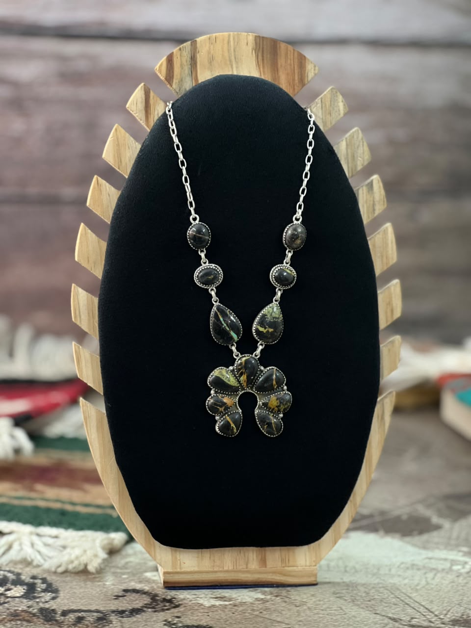 Handmade Sterling Silver Blackjack Turquoise Naja Necklace Signed Nizhoni