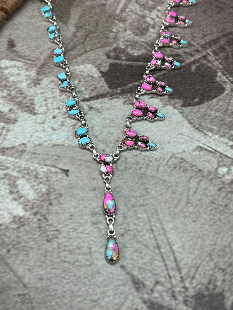 Handmade Sterling Silver Cotton Candy 'Y Shaped' Necklace Signed Nizhoni