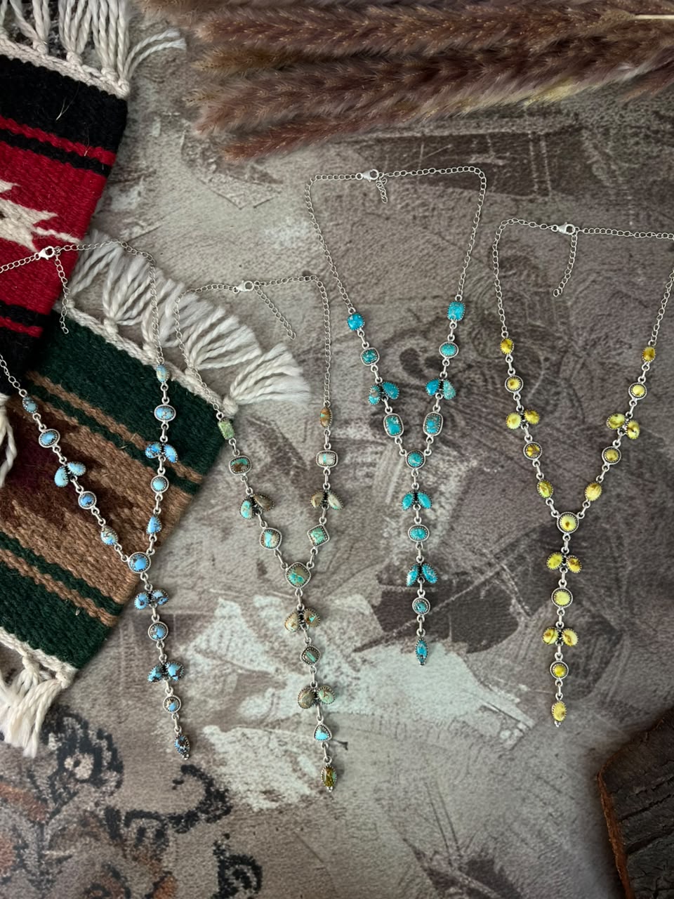 Handmade Sterling Silver White Water, Royston, Golden Hills and Palomino Turquoise Drop Necklace Signed Nizhoni