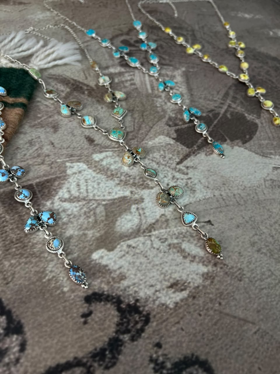 Handmade Sterling Silver White Water, Royston, Golden Hills and Palomino Turquoise Drop Necklace Signed Nizhoni