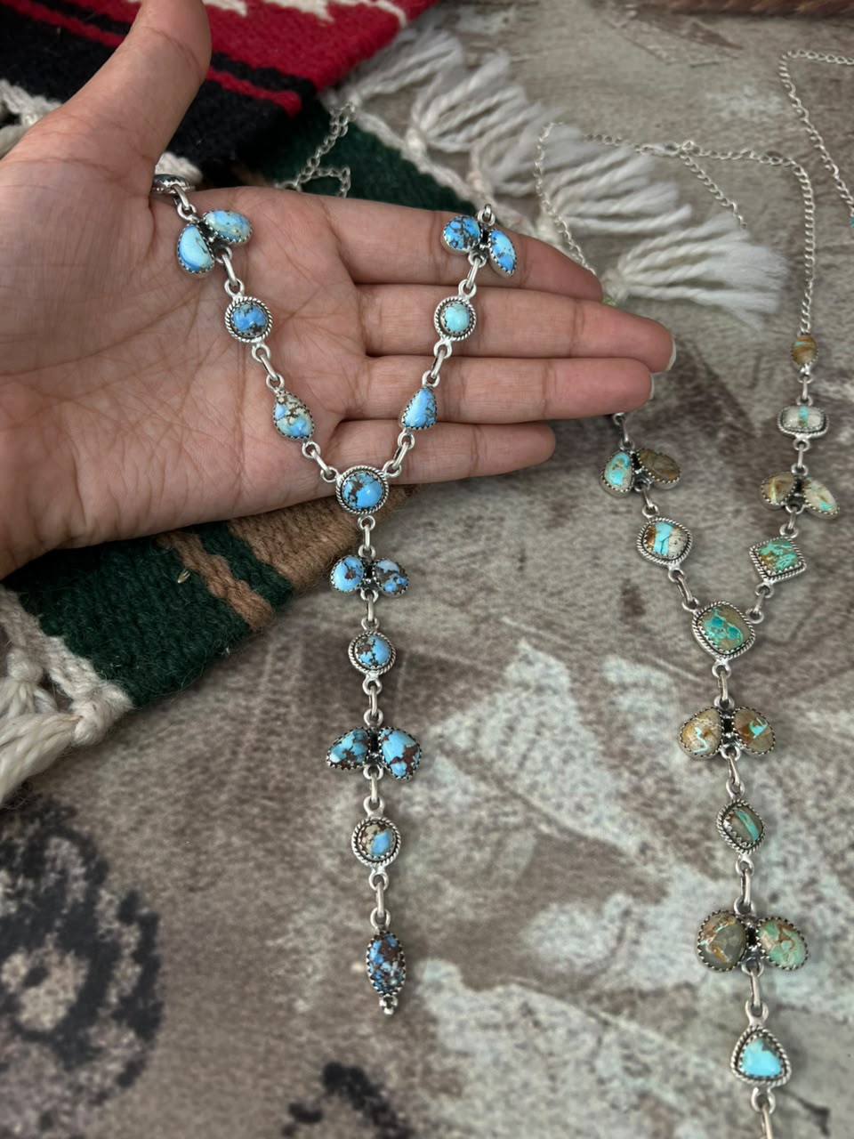 Handmade Sterling Silver White Water, Royston, Golden Hills and Palomino Turquoise Drop Necklace Signed Nizhoni