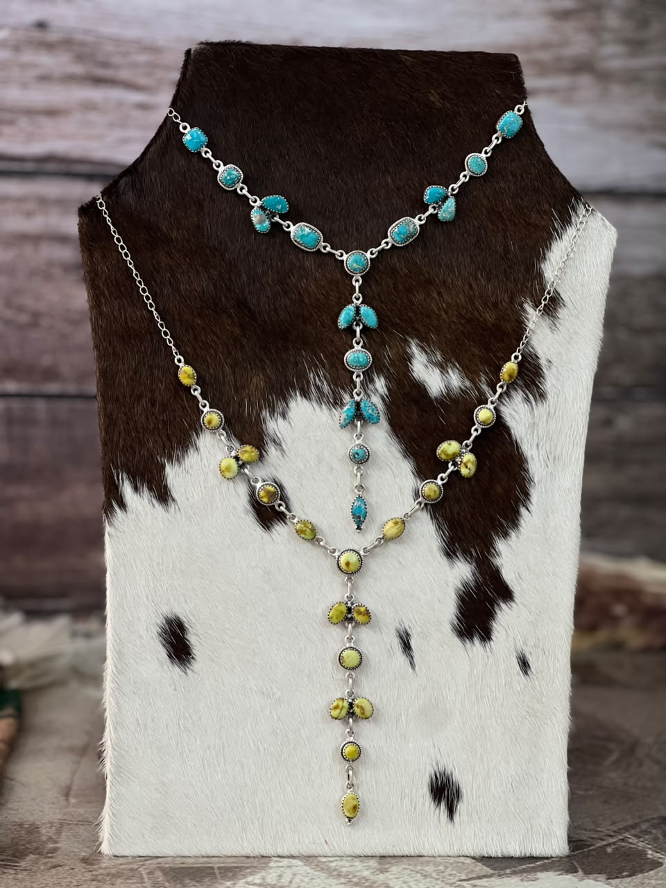 Handmade Sterling Silver White Water, Royston, Golden Hills and Palomino Turquoise Drop Necklace Signed Nizhoni