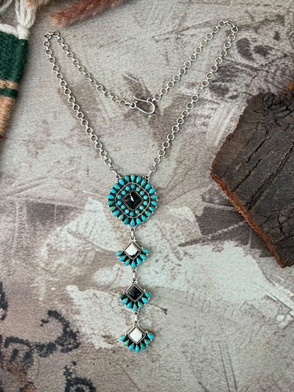 Handmade Sterling Silver Kingman Turquoise with White Buffalo Drop Necklace Signed Nizhoni