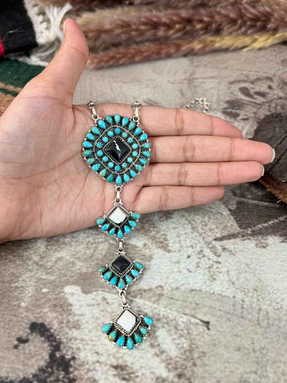 Handmade Sterling Silver Kingman Turquoise with White Buffalo Drop Necklace Signed Nizhoni