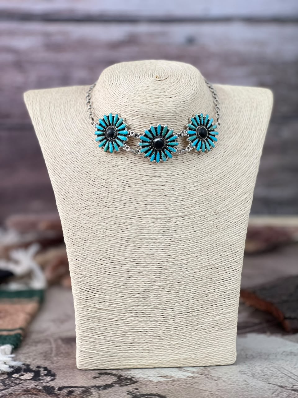 Handmade Sterling Silver Kingman Turquoise with White Buffalo Choker Necklace Signed Nizhoni
