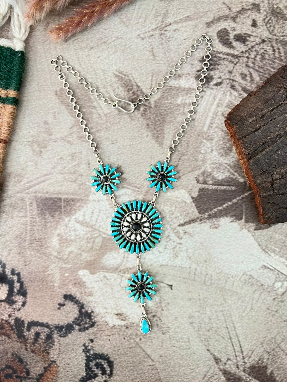 Handmade Sterling Silver Kingman Turquoise with White Buffalo Drop Necklace Signed Nizhoni
