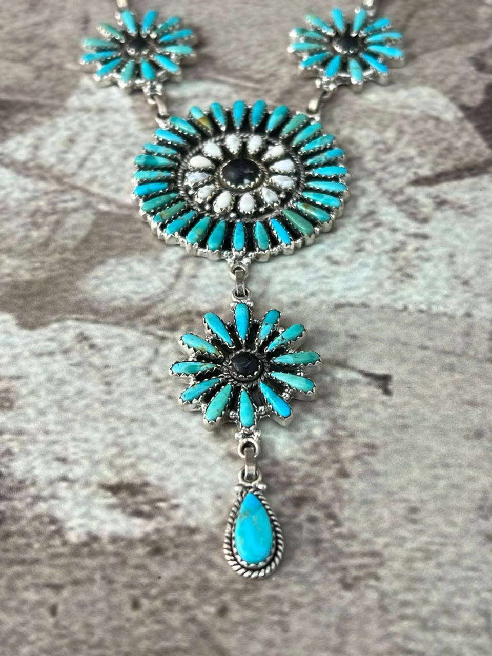 Handmade Sterling Silver Kingman Turquoise with White Buffalo Drop Necklace Signed Nizhoni