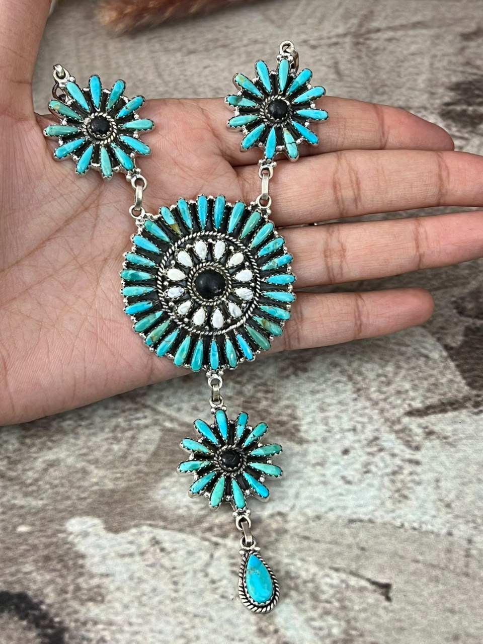 Handmade Sterling Silver Kingman Turquoise with White Buffalo Drop Necklace Signed Nizhoni