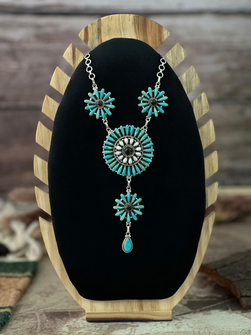 Handmade Sterling Silver Kingman Turquoise with White Buffalo Drop Necklace Signed Nizhoni