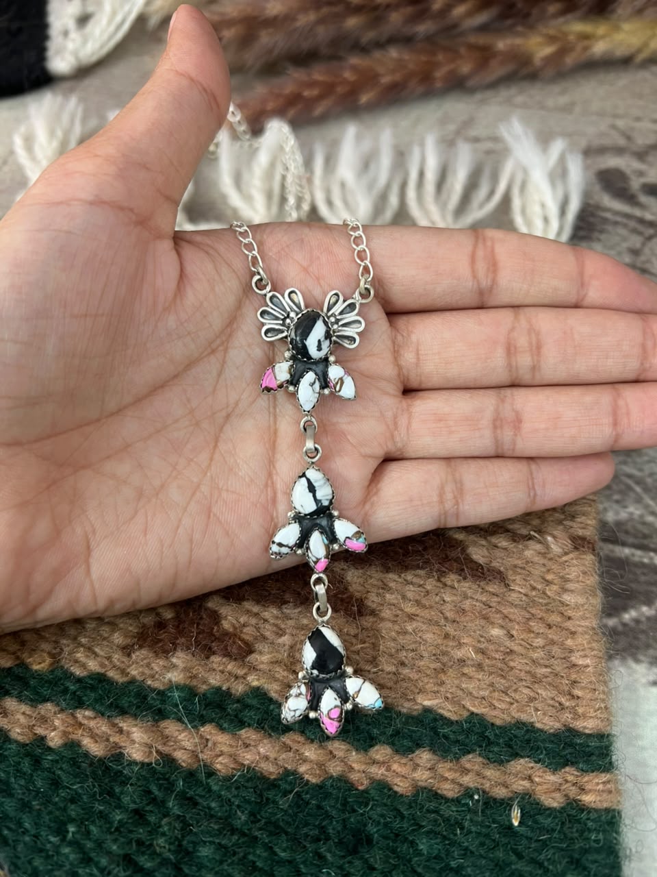 Handmade Sterling Silver Cotton Candy with White Buffalo Necklace Signed Nizhoni