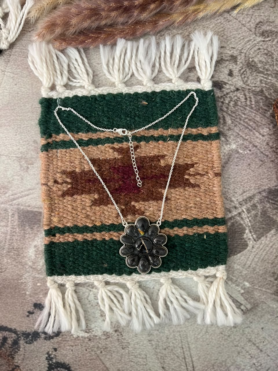 Handmade Sterling Silver Blackjack Turquoise Necklace Signed Nizhoni