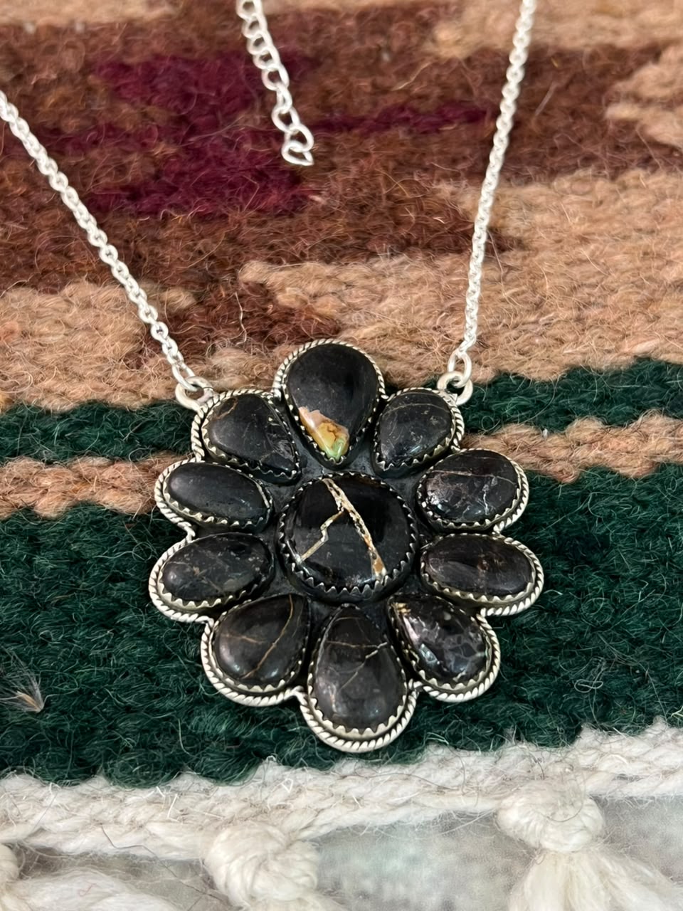 Handmade Sterling Silver Blackjack Turquoise Necklace Signed Nizhoni