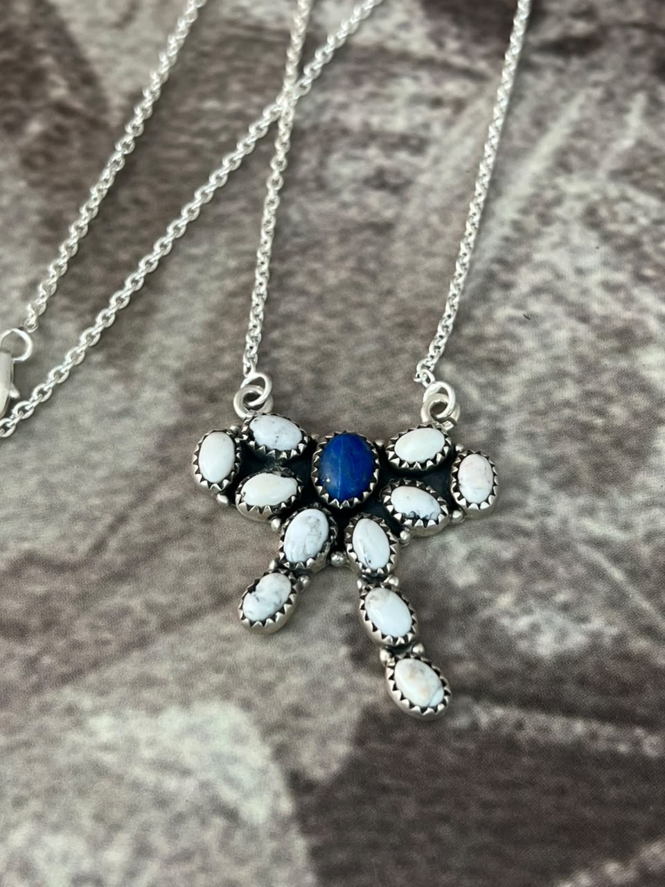 Handmade Sterling Silver White Buffalo with Lapis Necklace Signed Nizhoni