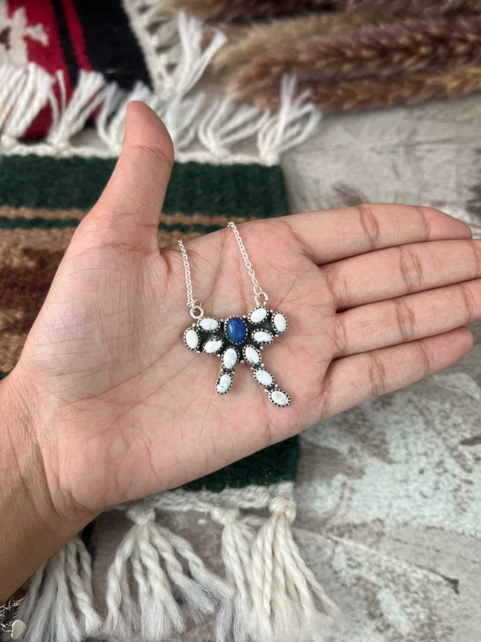 Handmade Sterling Silver White Buffalo with Lapis Necklace Signed Nizhoni