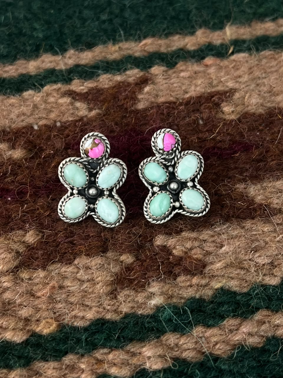 Handmade Sterling Silver Cotton Candy with Paloma Turquoise Post Studs Earrings Signed Nizhoni