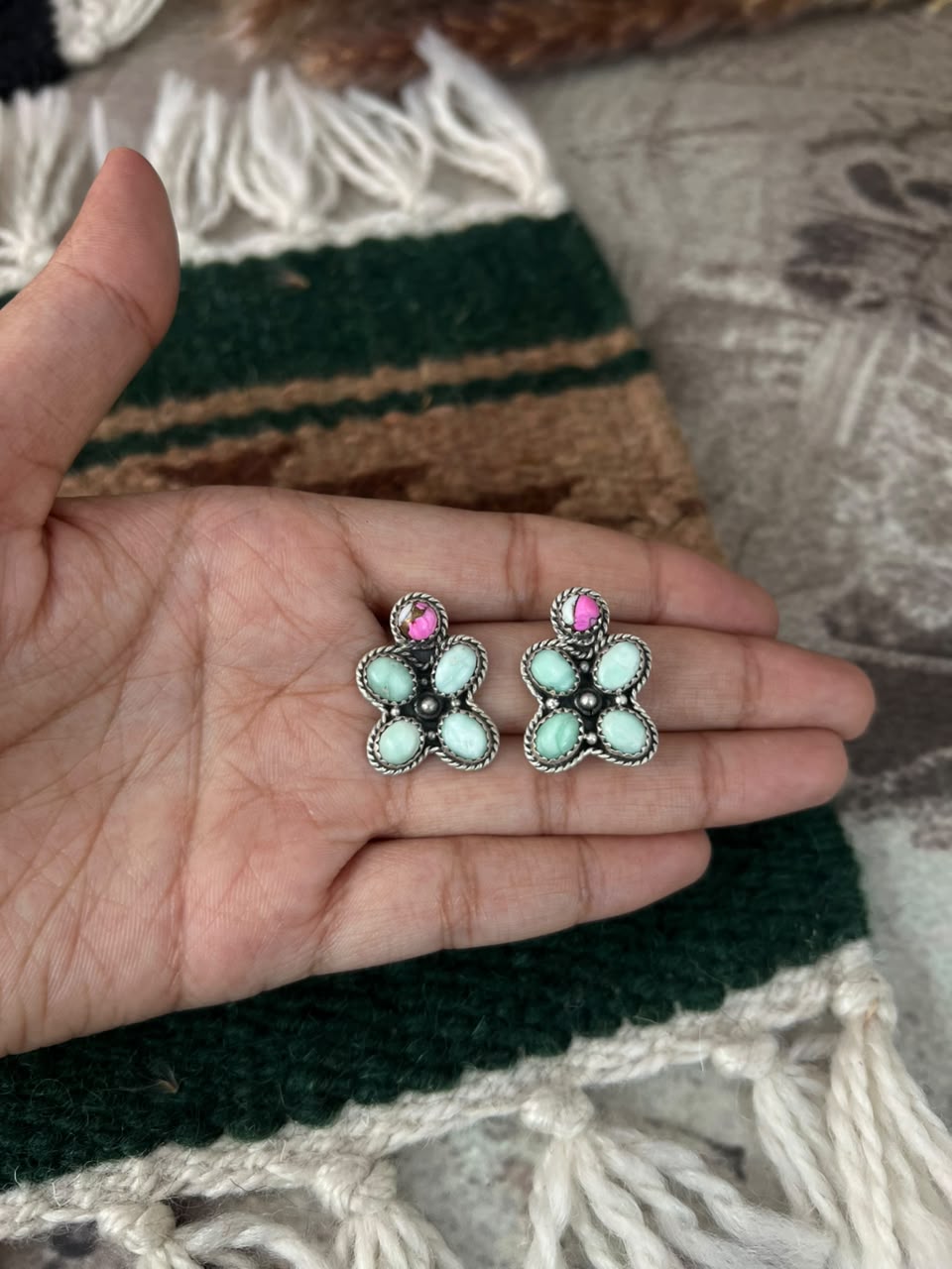 Handmade Sterling Silver Cotton Candy with Paloma Turquoise Post Studs Earrings Signed Nizhoni