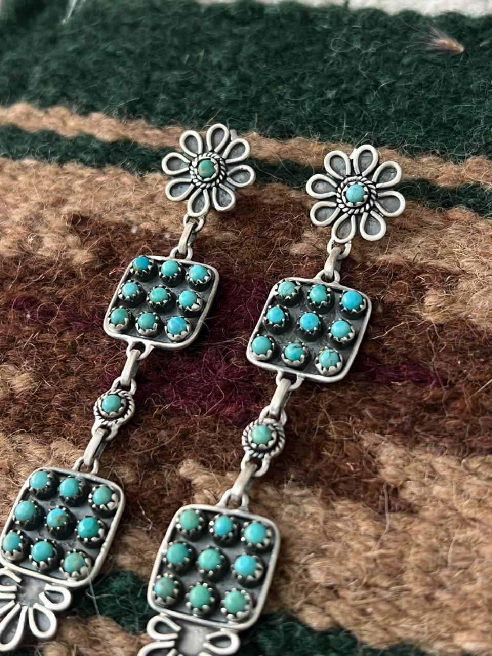 Handmade Sterling Silver Kingman Turquoise Post Dangle Earrings Signed Nizhoni
