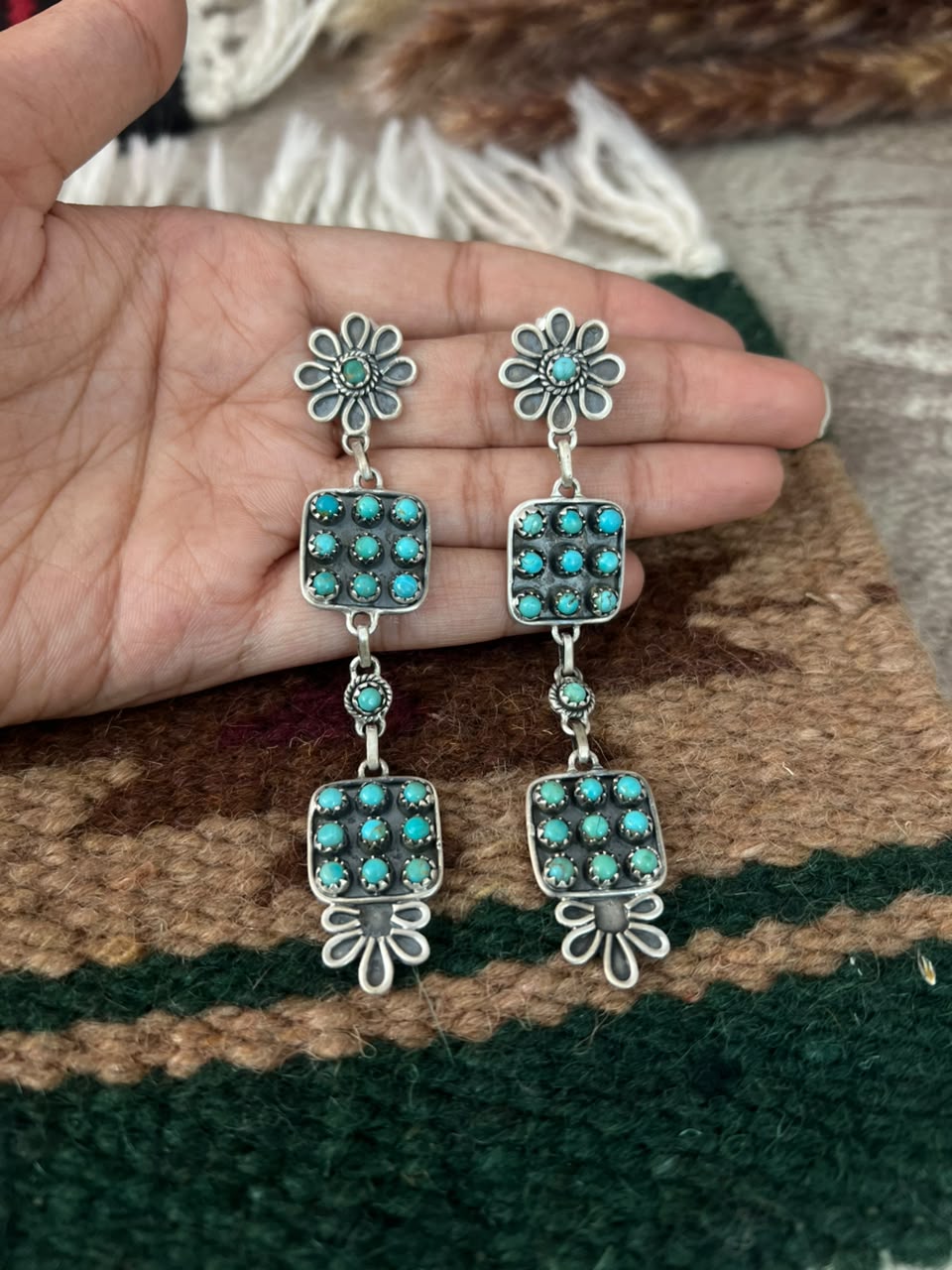 Handmade Sterling Silver Kingman Turquoise Post Dangle Earrings Signed Nizhoni