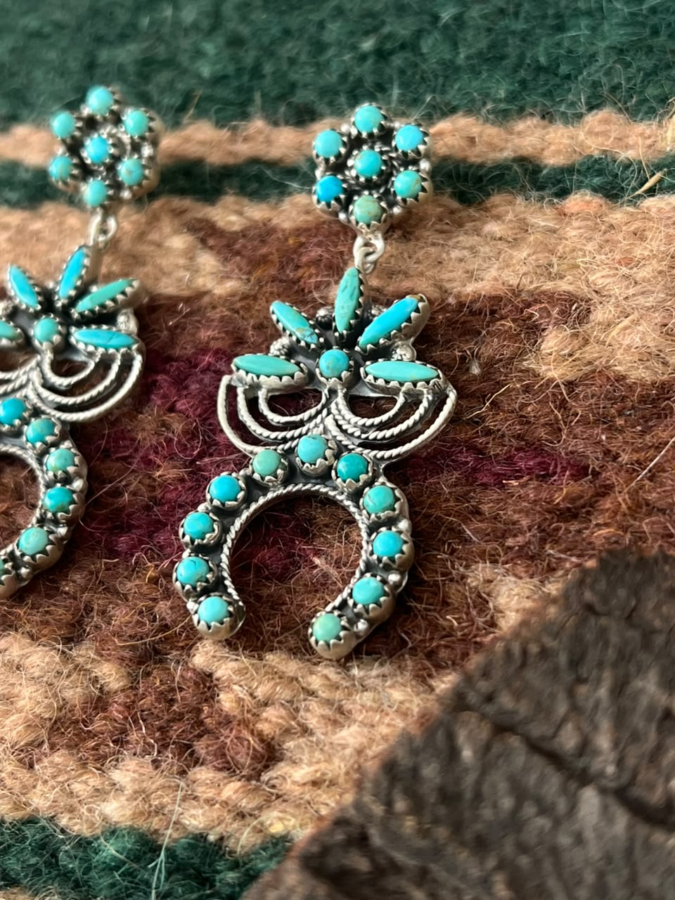 Handmade Sterling Silver Kingman Turquoise Post Dangle Naja Earrings Signed Nizhoni