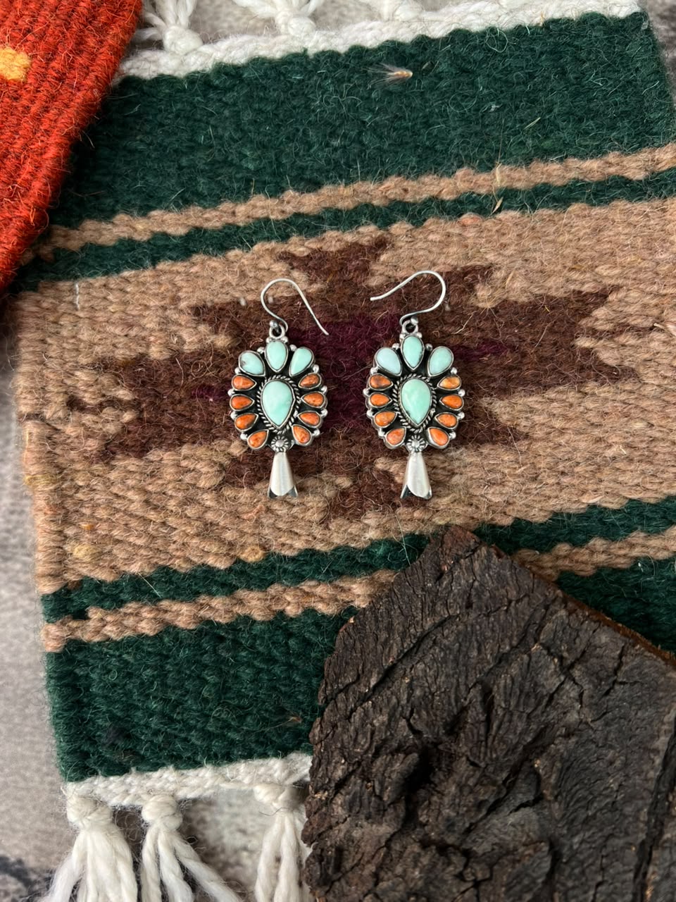 Handmade Sterling Silver Orange Mojave with Paloma Turquoise Squash Blossom Hook Dangle Earrings Signed Nizhoni