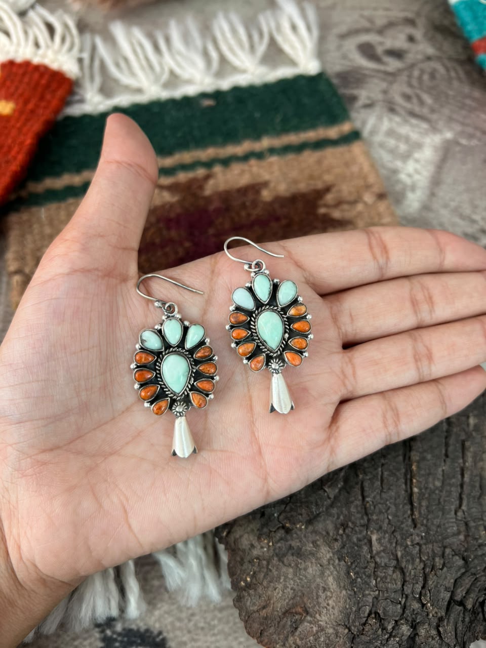 Handmade Sterling Silver Orange Mojave with Paloma Turquoise Squash Blossom Hook Dangle Earrings Signed Nizhoni