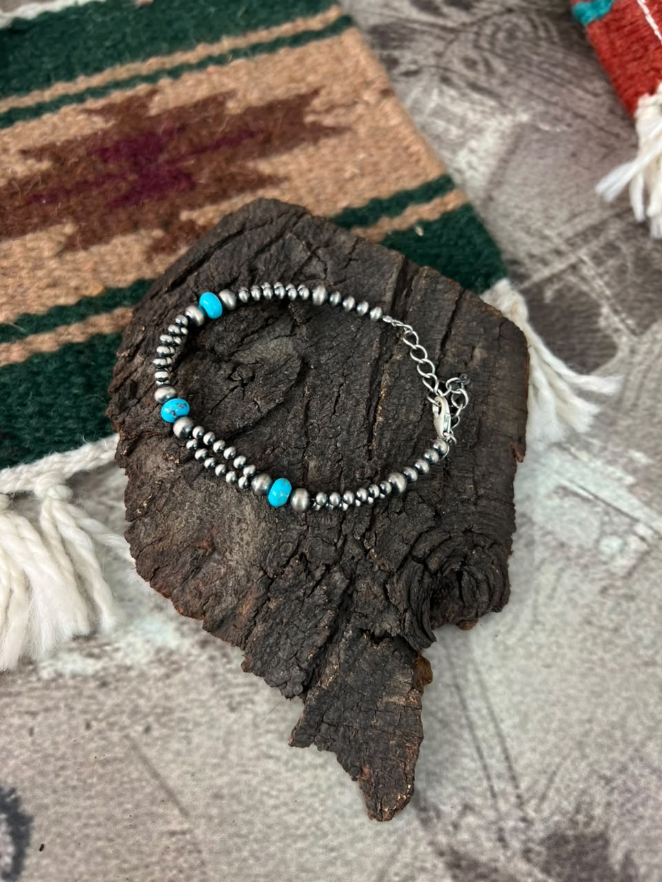 Handmade Sterling Silver Beaded Kingman Turquoise Chain Bracelet Signed Nizhoni