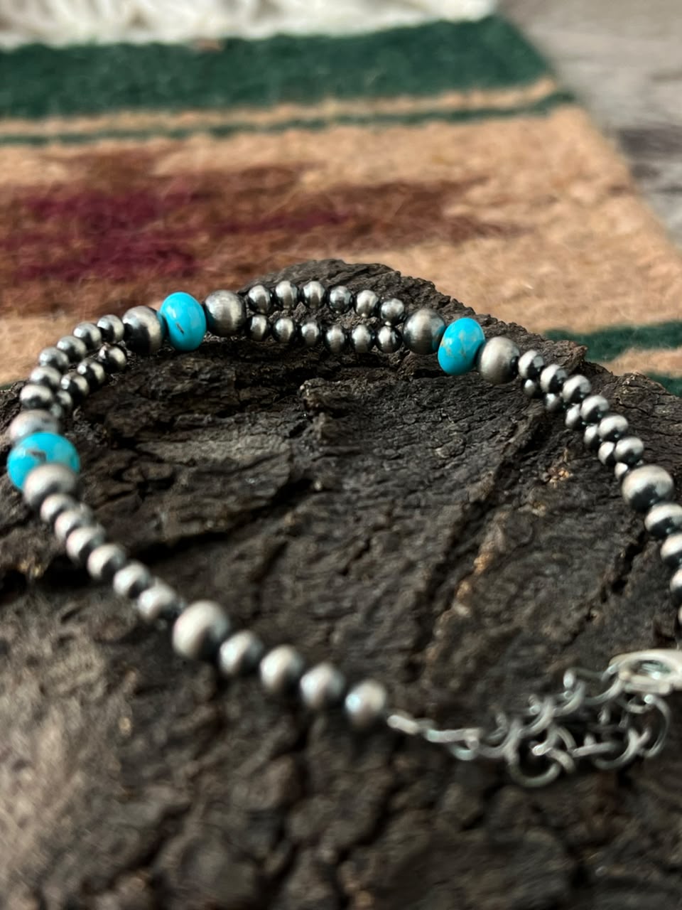 Handmade Sterling Silver Beaded Kingman Turquoise Chain Bracelet Signed Nizhoni