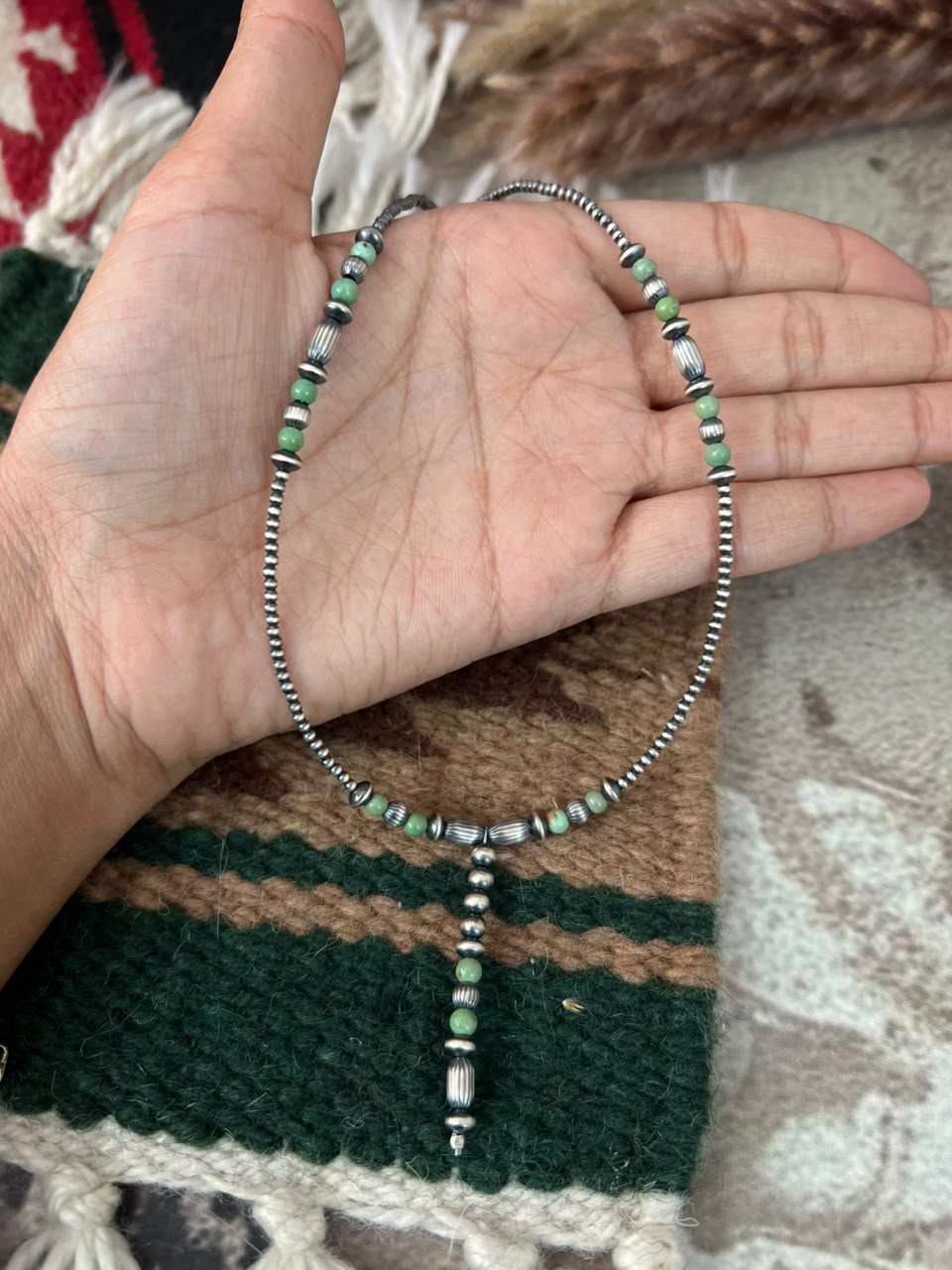 Handmade Sterling Silver Kingman Turquoise Beaded Necklace Signed Nizhoni