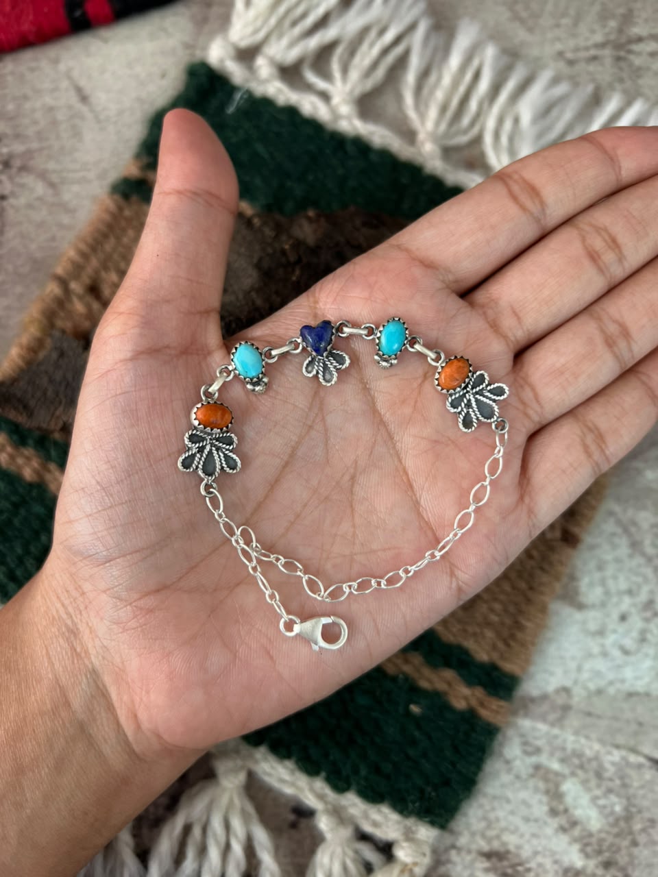 Handmade Sterling Silver Kingman Turquoise with Orange Mojave and Lapis Chain Bracelet Signed Nizhoni
