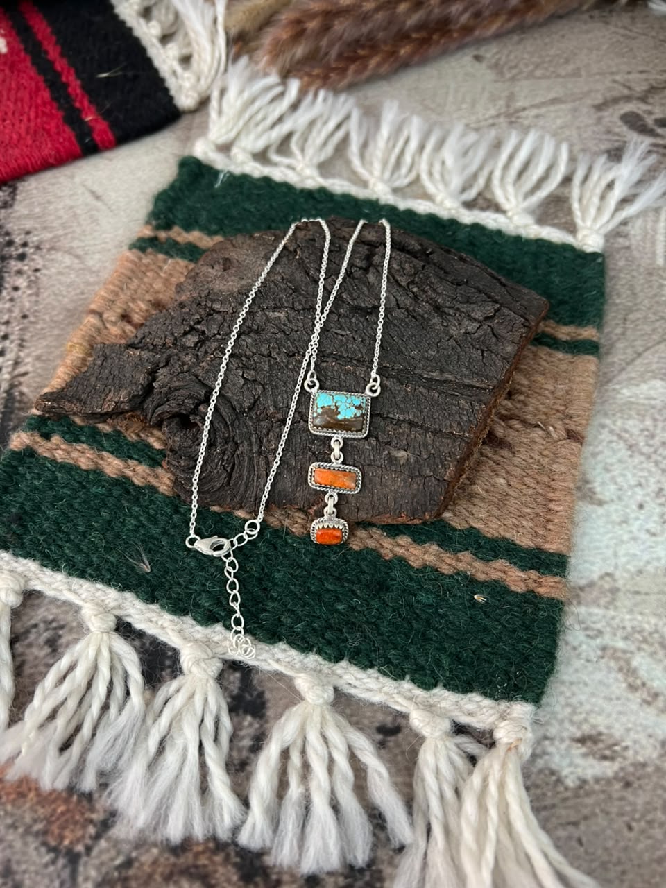 Handmade Sterling Silver Number 8 Turquoise with Orange Mojave Necklace Signed Nizhoni