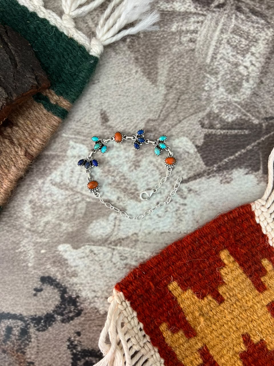 Handmade Sterling Silver Kingman Turquoise with Orange Mojave and Lapis Chain Bracelet Signed Nizhoni