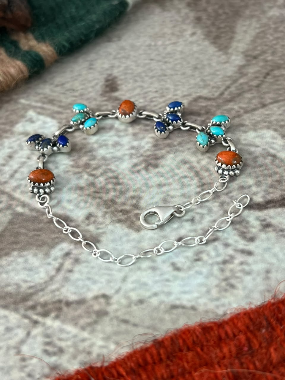 Handmade Sterling Silver Kingman Turquoise with Orange Mojave and Lapis Chain Bracelet Signed Nizhoni